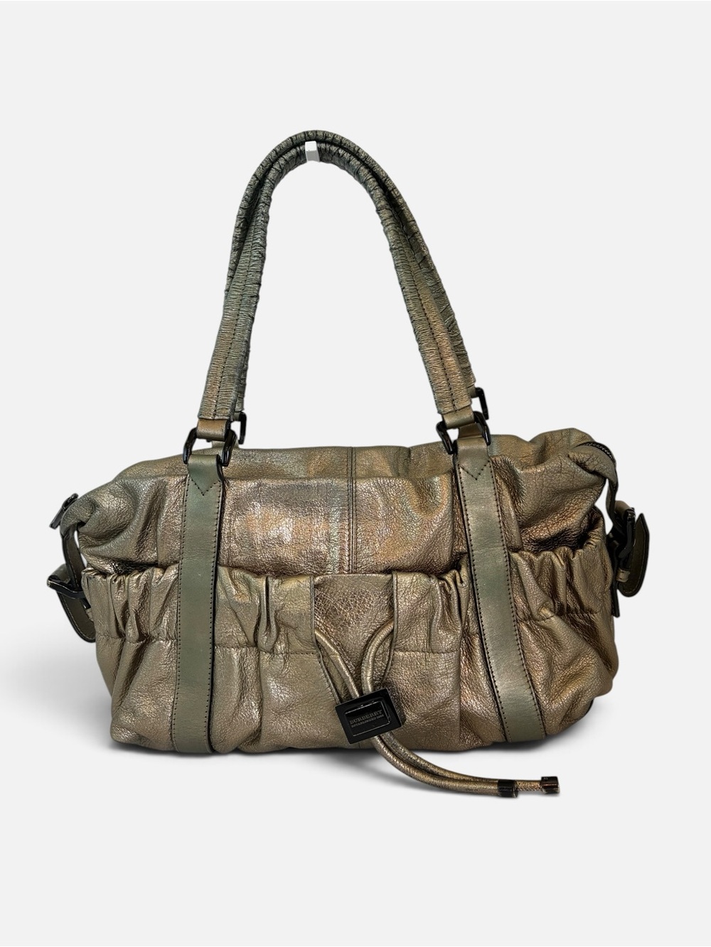 Burberry Metallic Leather Ruched Shoulder Bag Tote Check Lining Vintage Y2K